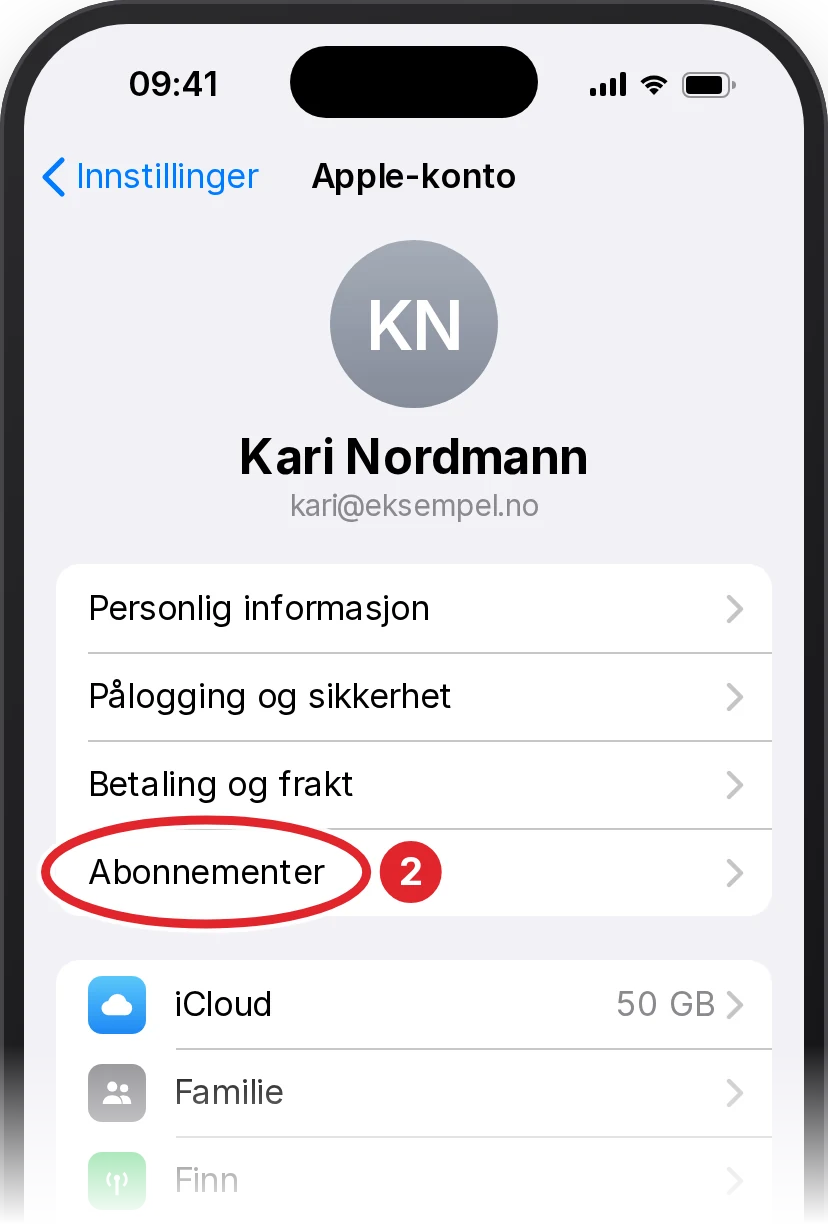 Siden Apple-konto. Raden Abonnementer er ringet inn med rødt.