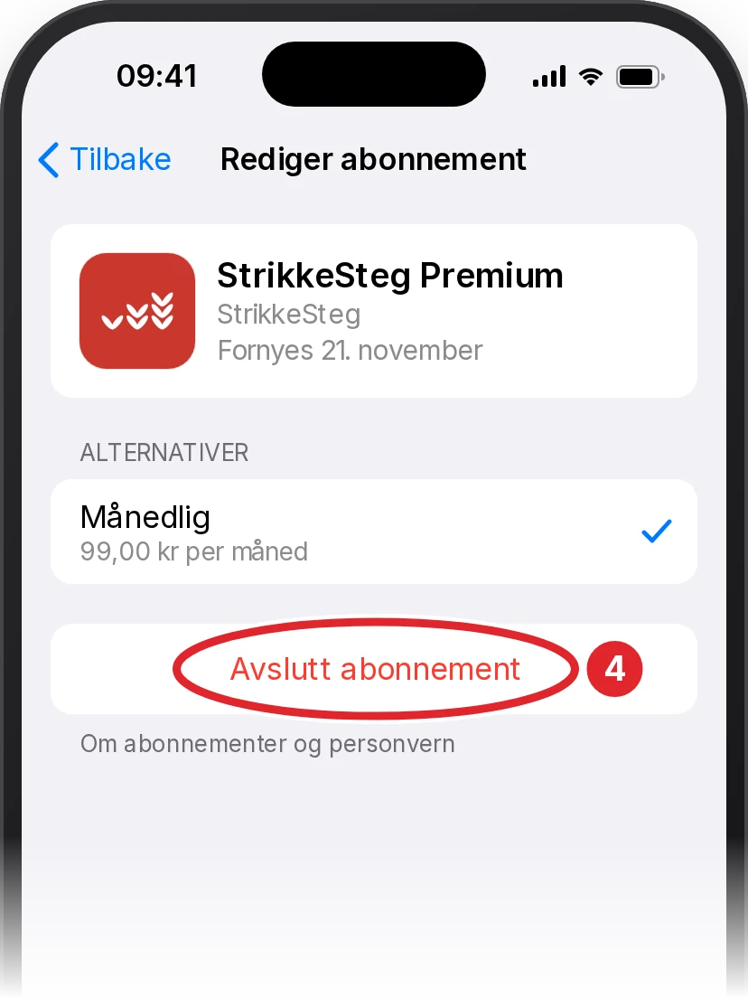 Siden Rediger abonnement for StrikkeSteg Premium. Den røde knappen Avslutt abonnement er ringet inn.