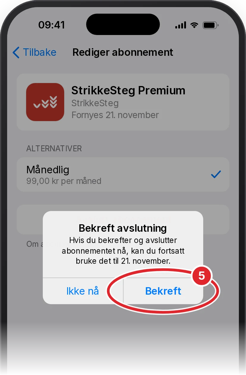Boksen Bekreft avslutning. Knappen Bekreft er ringet inn med rødt.
