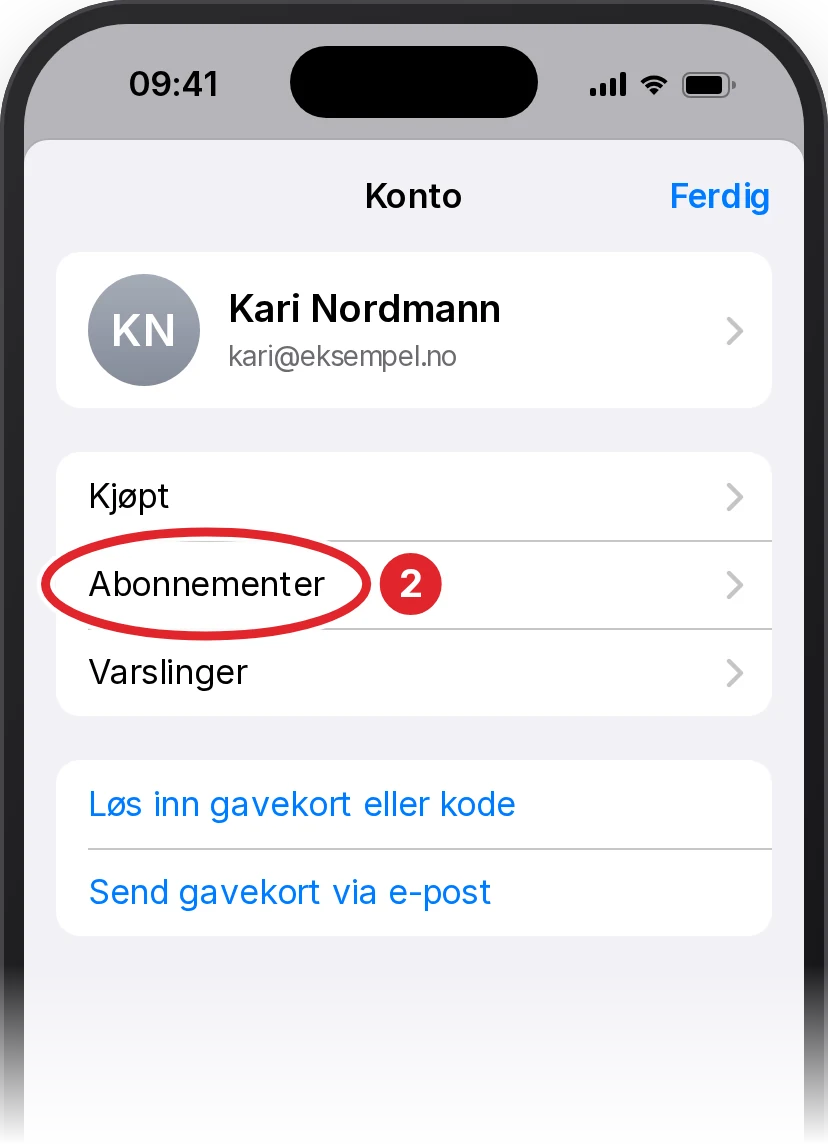 Kontosiden i App Store. Raden Abonnementer er ringet inn med rødt.