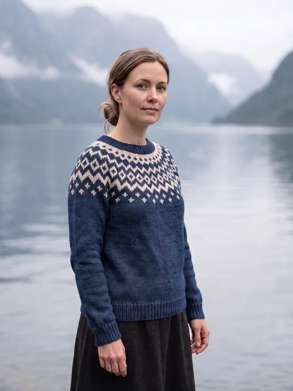 Kofte med bærestykke i fargen Fjord, brukt av en kvinne
