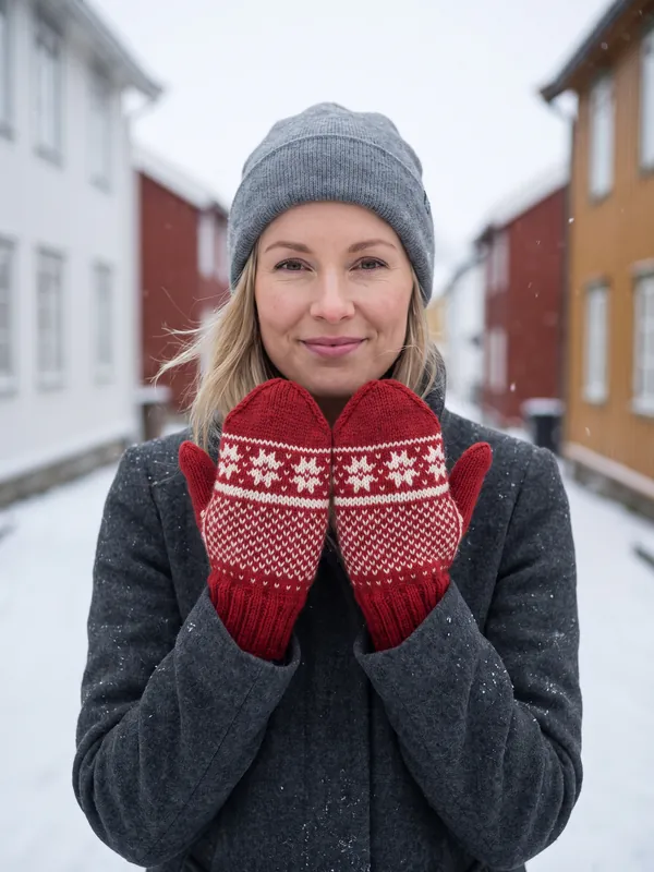 Mønstervotter i fargen Rød, i bruk