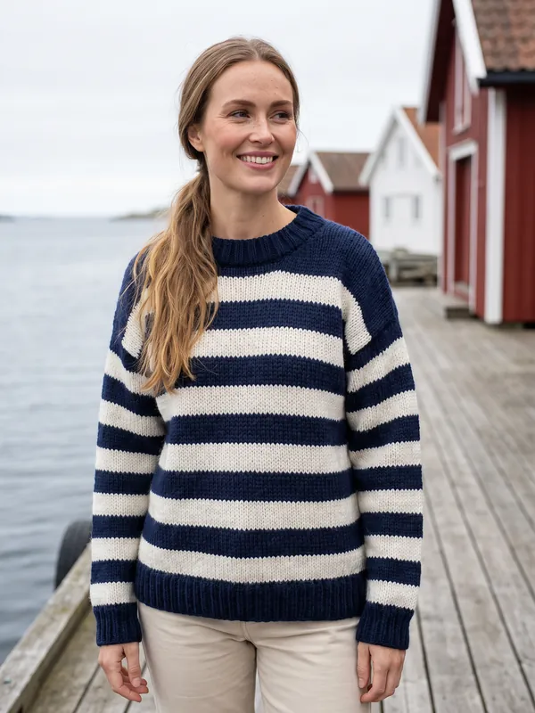 Stripegenser i fargen Hav, i bruk